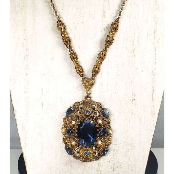 Vtg West Germany Ornate Crystal Rhinestone Faux Pearl Stone Filigree Necklace - Picture 1 of 16